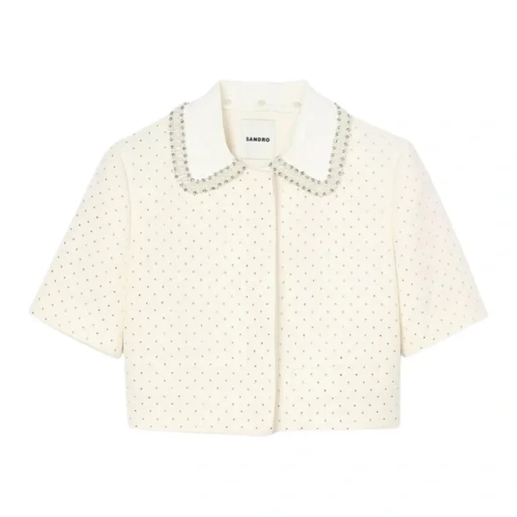 NWT 💯 SANDRO Paris Lahavane Rhinestone Crop Blazer Jacket Blouse Top 34 0 XS - Picture 3 of 13